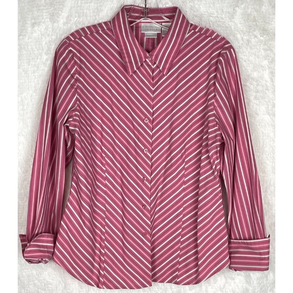Worthington Size 12 Long Sleeve Pink Striped Button Down Shirt Stretch Easy Care